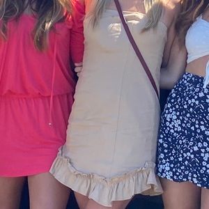 Tan strapless summer dress with ruffle